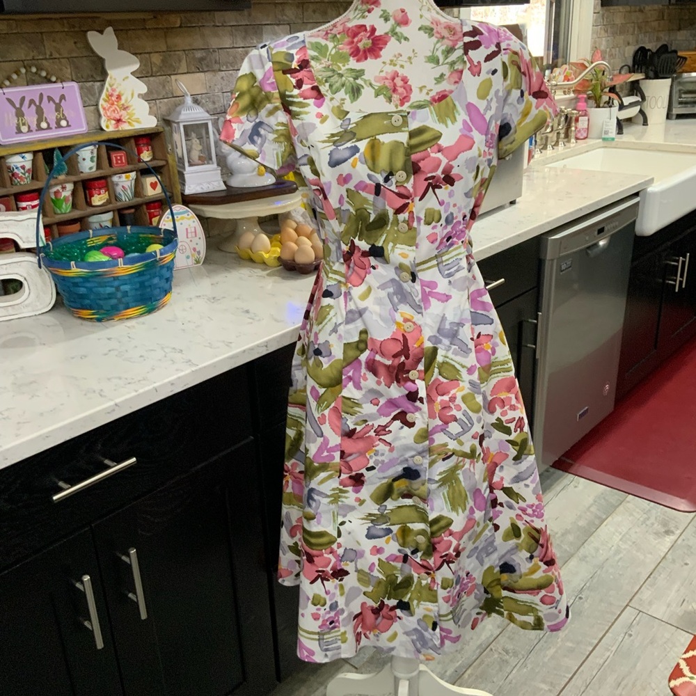Coldwater Creek Midi Dress Floral Print Summer Button Front Tie Back Size 8 New